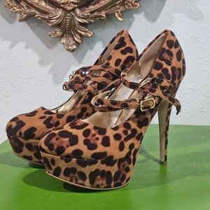 Anne Michelle Leopard Print Platform Mary Jane Heels - Brown & Black